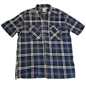 Dickies Mens Shirt 2XL Blue & White Plaid Short Sleeve Button-Up 100% Cotton